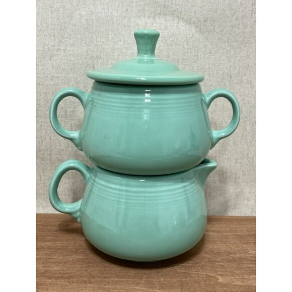 Homer Laughlin Fiesta Sea Mist Mint Green Sugar Bowl w Lid Creamer Set USA - Picture 2 of 7